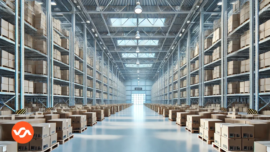 An image of a clean, organized warehouse with neatly stacked inventory and clear walkways. The overall atmosphere is orderly and well-maintained, with no visible people or signs.