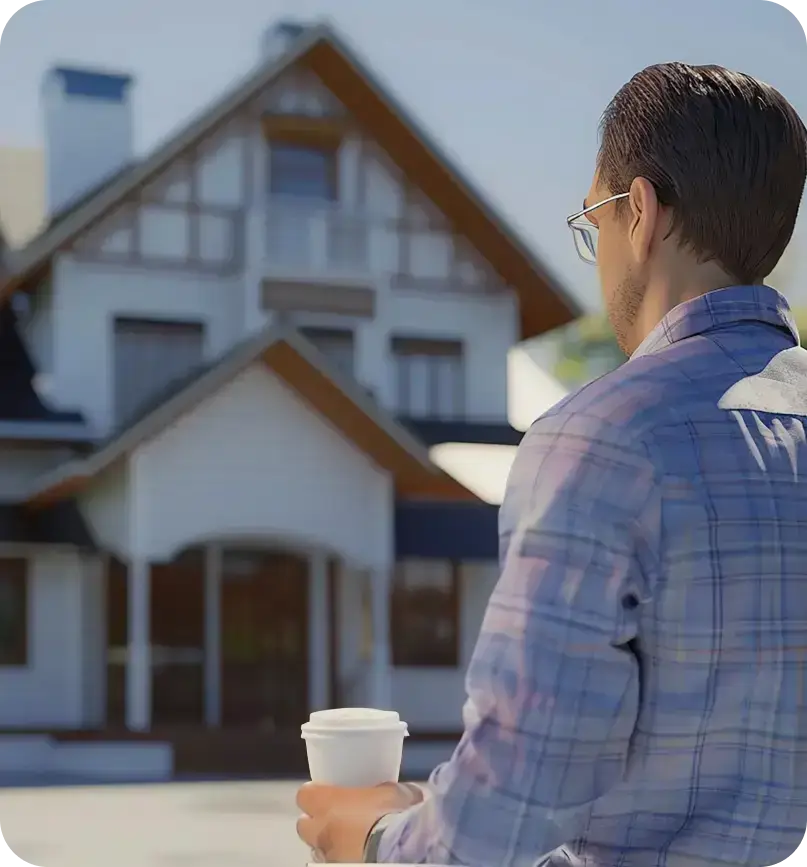 A good alt text could be: A man holding a coffee mug while inspecting a house, symbolizing real estate evaluation or home buying.