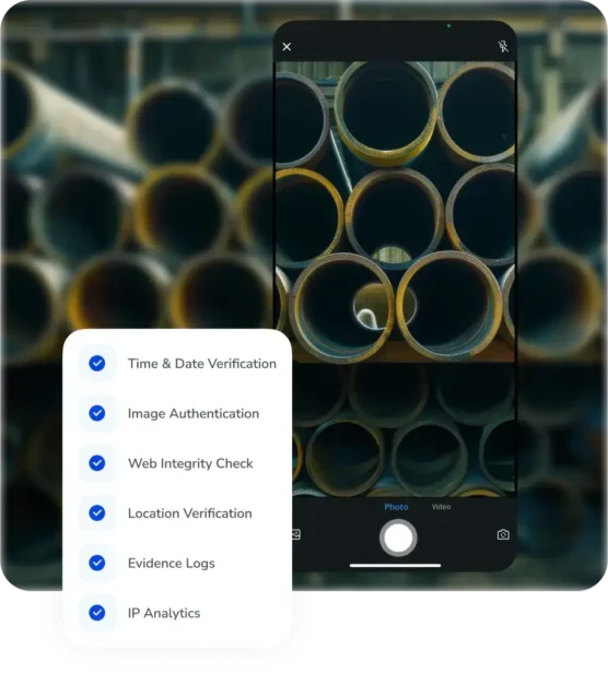 Virtual inspections software dashboard performing a web integrity check and location verification for industrial steel pipe infrastructure.