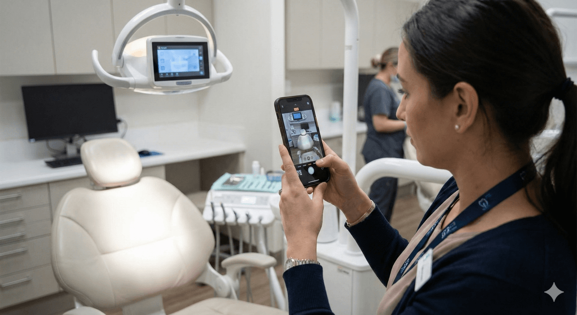 A user performing Virtual Inspections to Stop Fraud by capturing live photos of a dental office to verify business existence.