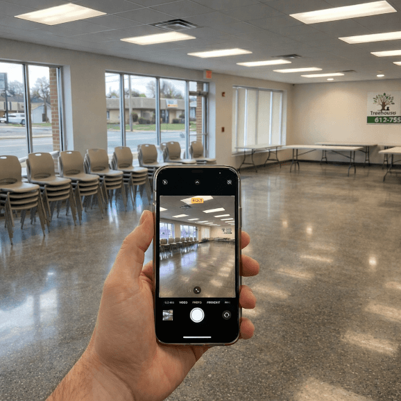 A mobile app captures live, timestamped photos of an empty facility to expose fraudulent site claims in real-time.