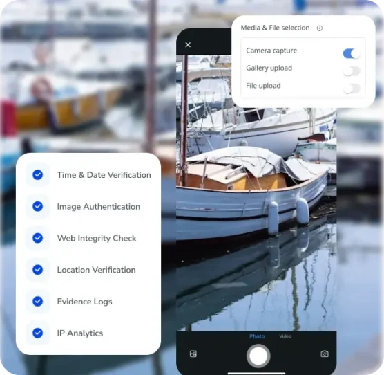 Mobile interface of a virtual inspections software featuring secure image authentication and time-date verification for maritime asset surveys.