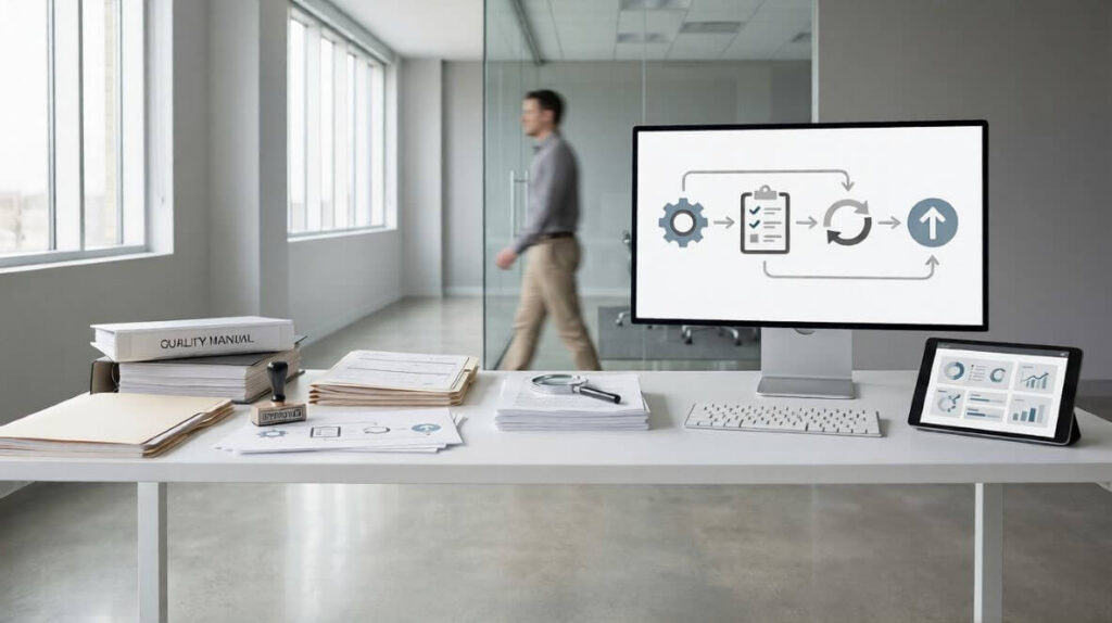 Modern office desk displaying quality manuals, documents, and digital dashboards illustrating a quality management workflow, representing What Is the Difference Between QMS and eQMS Software?