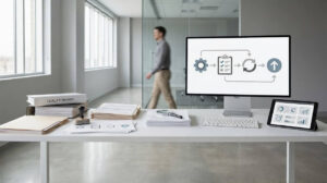 Modern office desk displaying quality manuals, documents, and digital dashboards illustrating a quality management workflow, representing What Is the Difference Between QMS and eQMS Software?